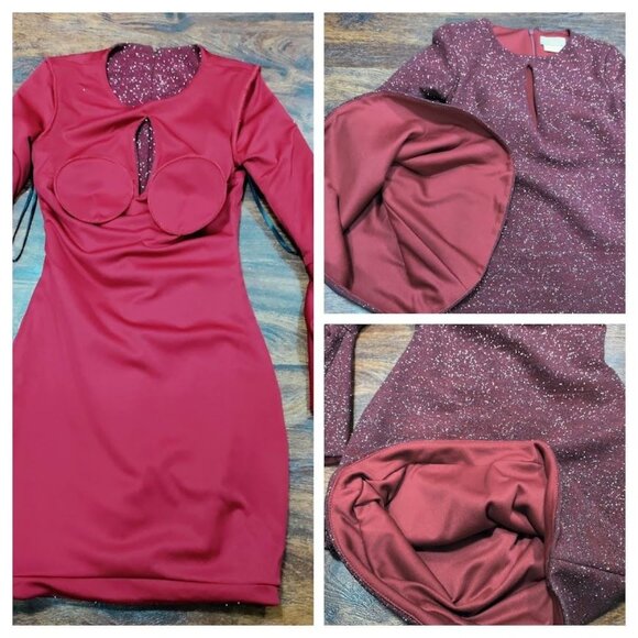 JVN Homecoming Prom Retro 70's Glam Y2K Bell Sleeve Glitter Dress Burgundy XS - Picture 13 of 14